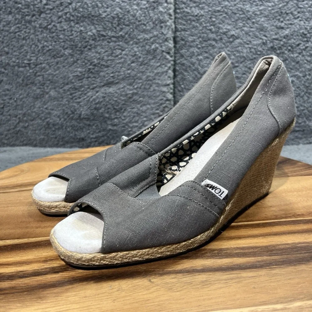 Toms Calypso Espadrille Platform Wedge Brown Canvas Peep Toe‎ Shoes Pumps Size 9